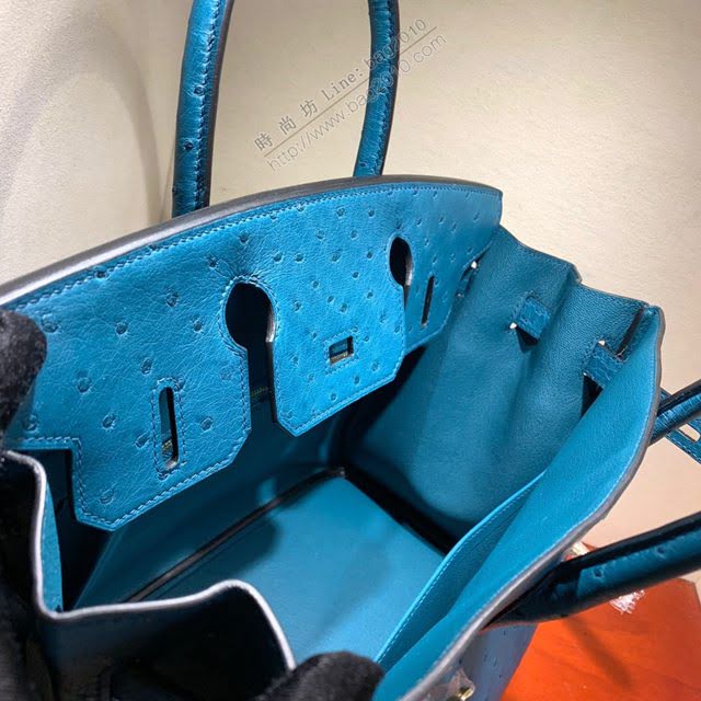Hermes女包 愛馬仕Birkin30cm Hermes鉑金包 Ostrich鴕鳥皮 全手縫蠟線 S7 Blue Galice加利西亞藍  am1904